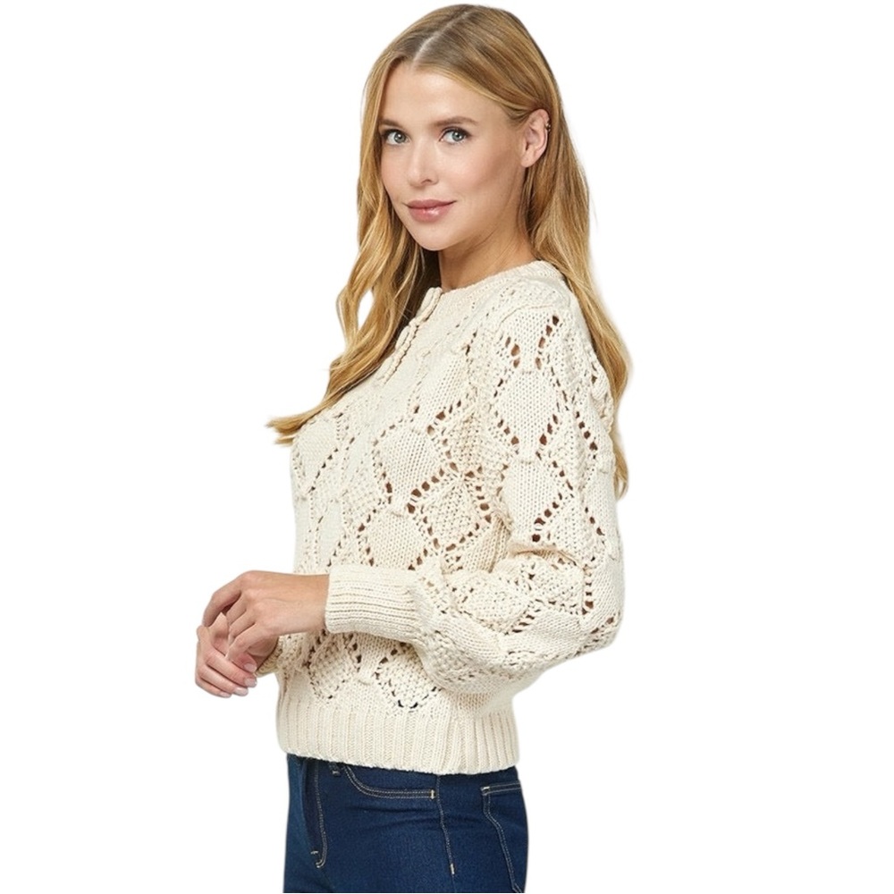 Cream Pointelle Knit Sweater Pullover Balloon Sleeve Button Detail size S, M, L - Picture 3 of 7